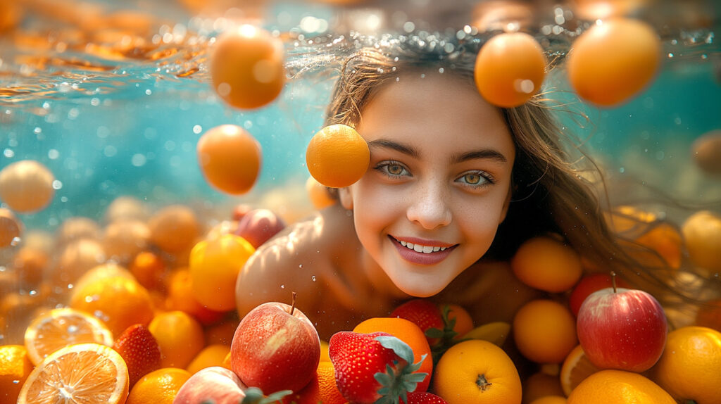 Fresh oranges floating in water, rich in Vitamin C for immunity and skin health
